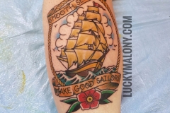 American Traditional clipper ship tattoo by Lucky Malony